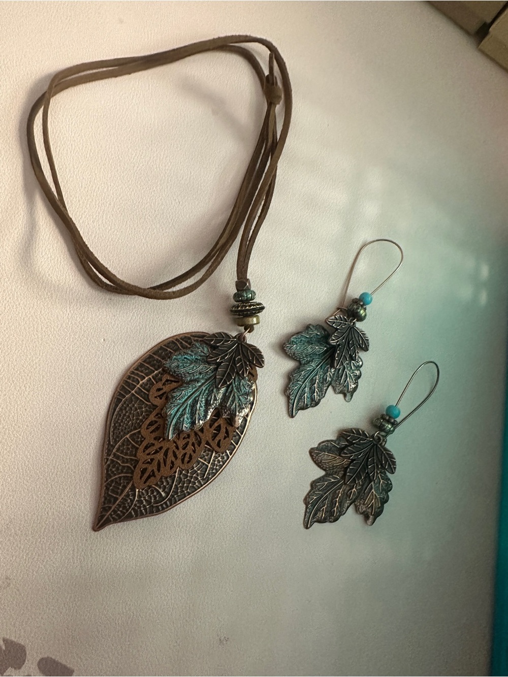 Teal and Bronze Leaf Pendant Necklace and Earrings Set in Patina Bronze